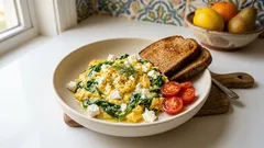 Kremowa jajecznica ze szpinakiem i fetą – prosty trik na aksamitną konsystencję